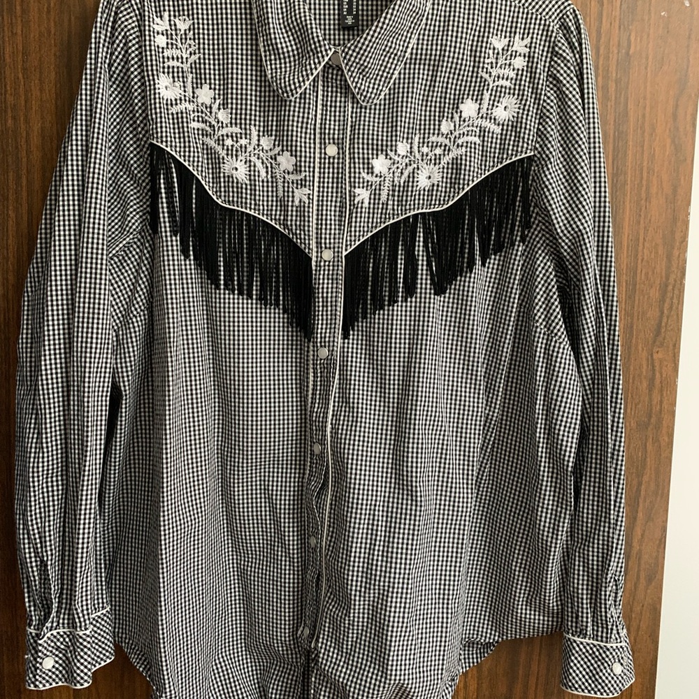 Love & Legend Black and White Button Down Shirt with Fringe